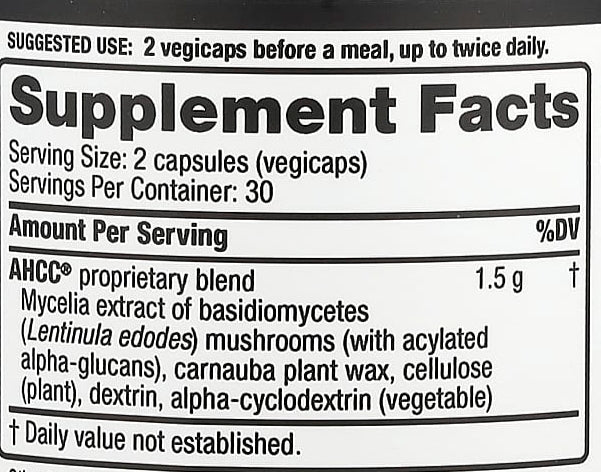 Supplement facts label showing AHCC proprietary blend with mushroom extract, plant wax, and cellulose