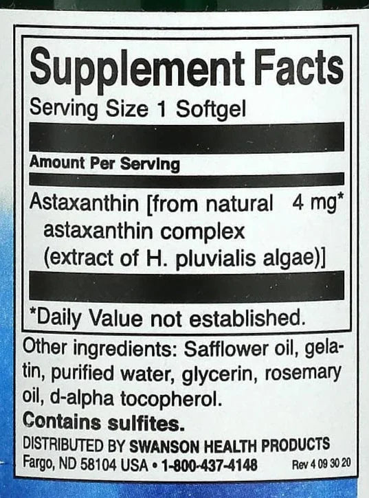 Supplement facts label showing Astaxanthin 4 mg per softgel from natural algae extract