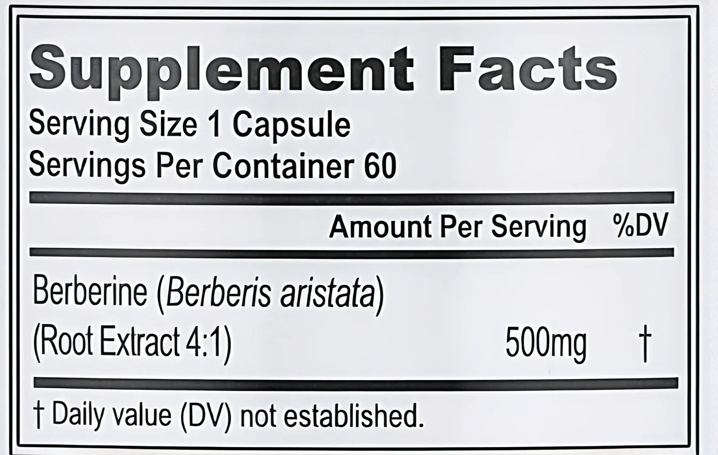 Supplement facts label showing Berberine root extract 500mg per capsule, 60 capsules per container