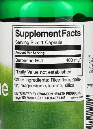 Supplement Facts label of Berberine HCl 400 mg capsule with ingredients and distributor info on green bottle