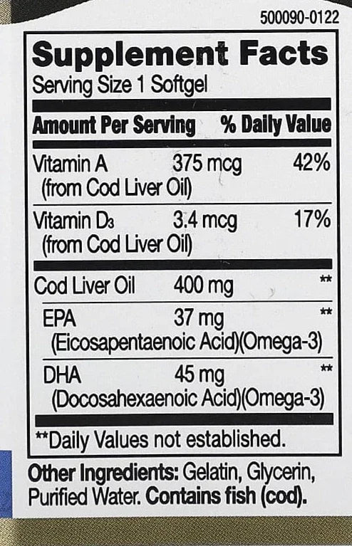Cod Liver Oil supplement facts label showing vitamin A, D3, EPA, DHA content per softgel