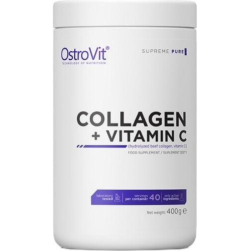 OstroVit Collagen + Vitamin C supplement jar, 400g, hydrolyzed beef collagen, 40 servings