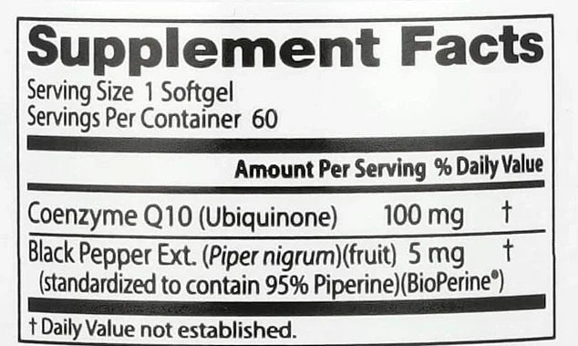 Supplement facts label for Coenzyme Q10 softgel with black pepper extract, 60 servings