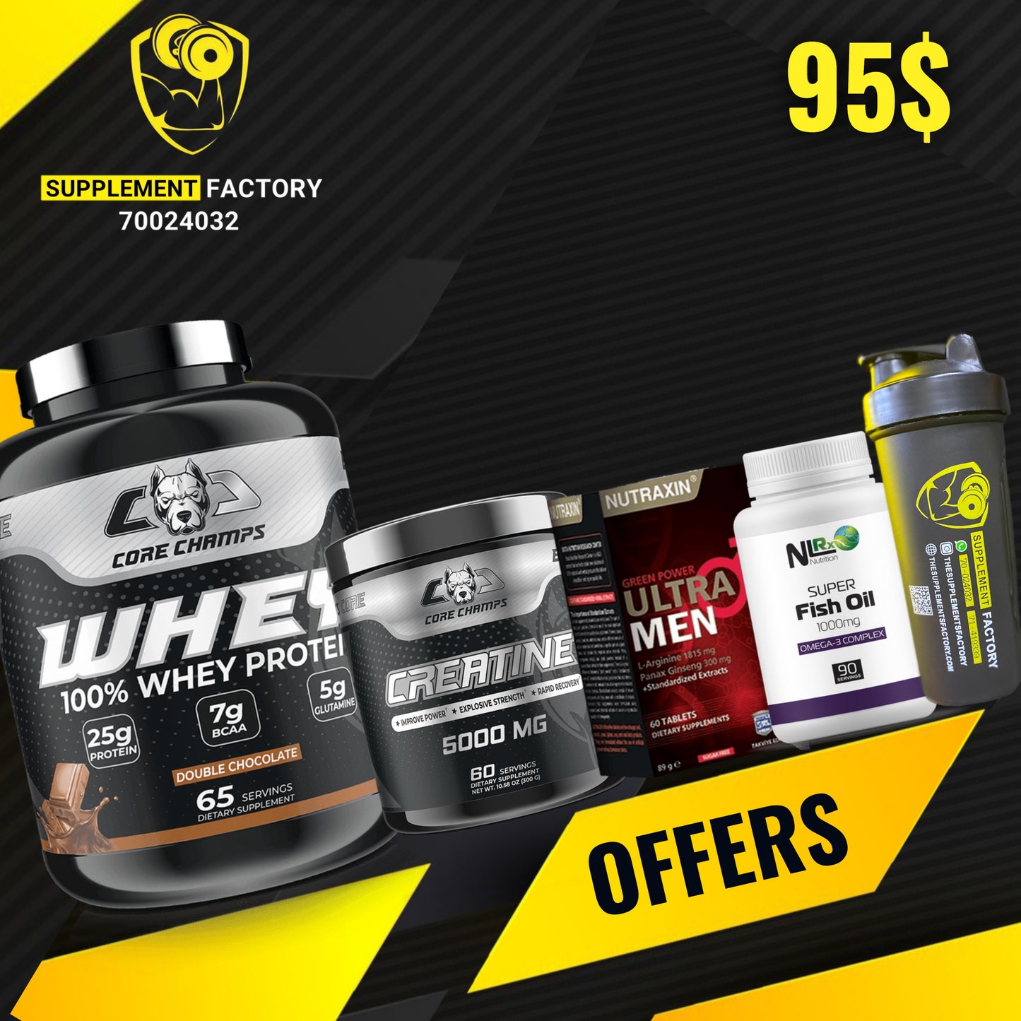 Core Champs Whey + Creatine + Fishoil + Shaker - The Supplements Factory