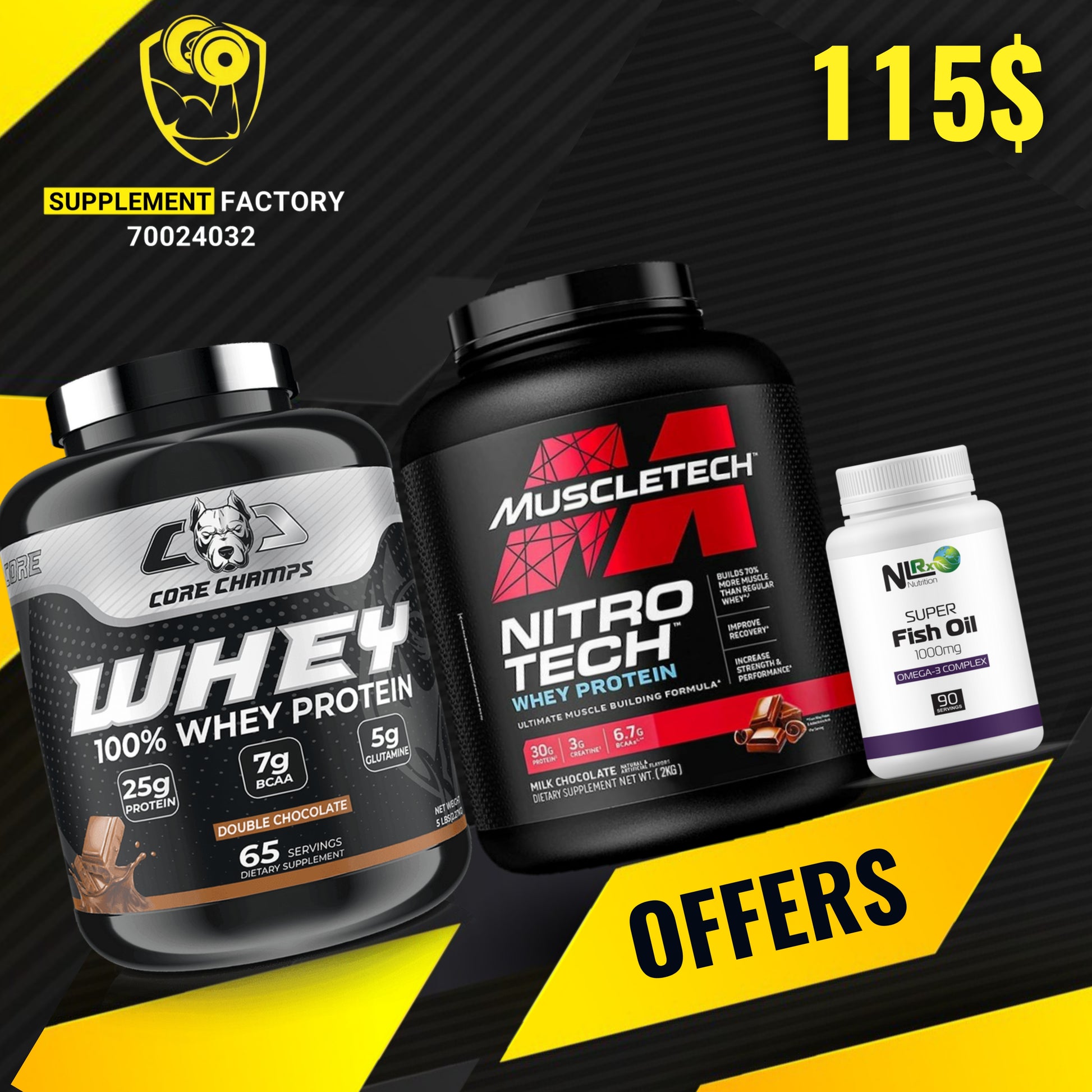 Core Champs whey + Nitrotech Whey + Fishoil - The Supplements Factory