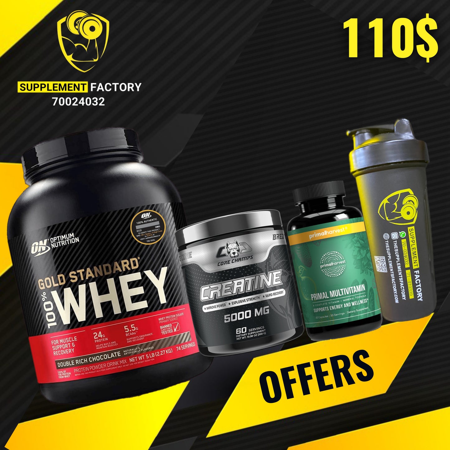 Gold standar + creatine + Multi Vitamins + Shaker - The Supplements Factory