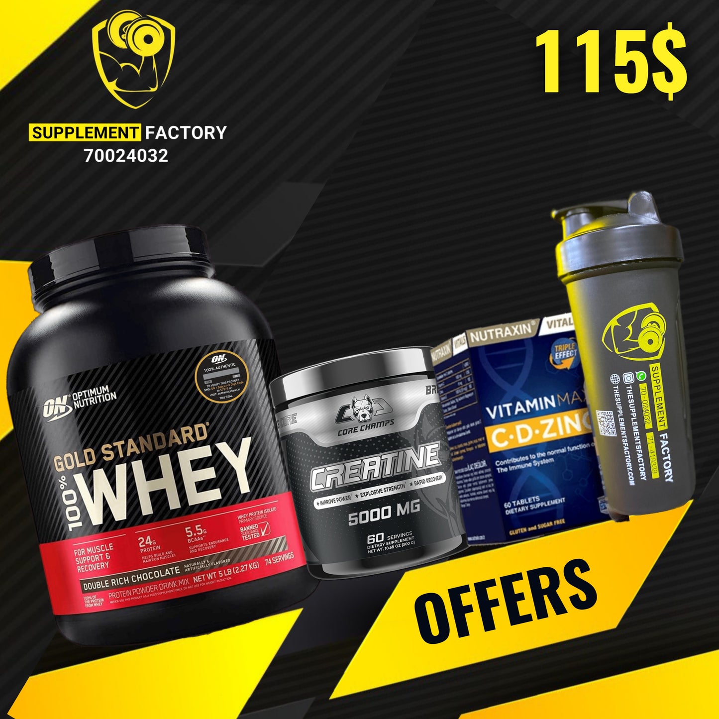 Gold Standard + Creatine + Vitmain CDZinc + shaker - The Supplements Factory