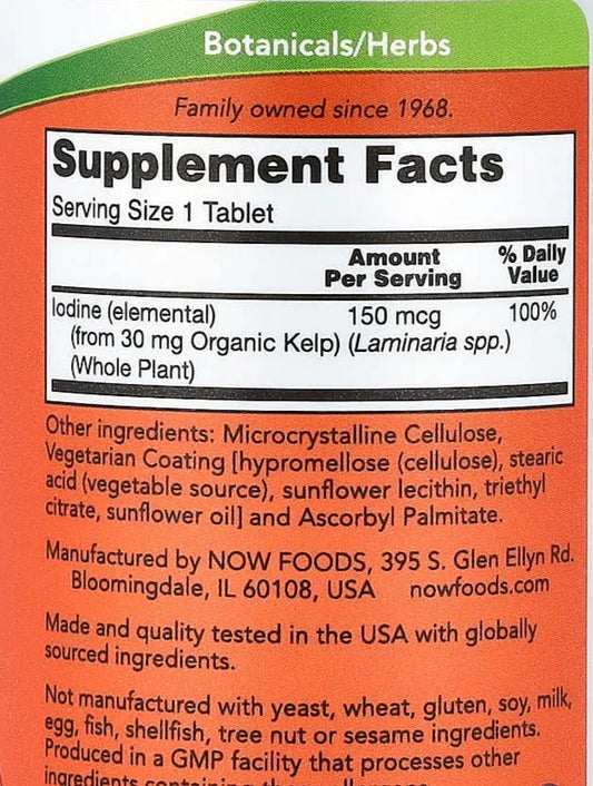 Supplement facts label for iodine kelp tablets by NOW Foods with organic kelp, vegetarian coating, and no common allergens