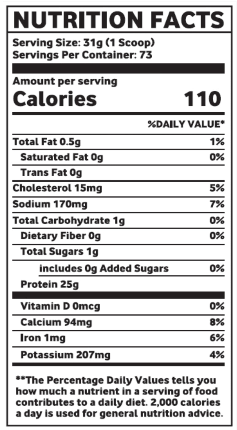 Nutrition facts label showing calories, fat, protein, calcium, iron, and potassium per serving
