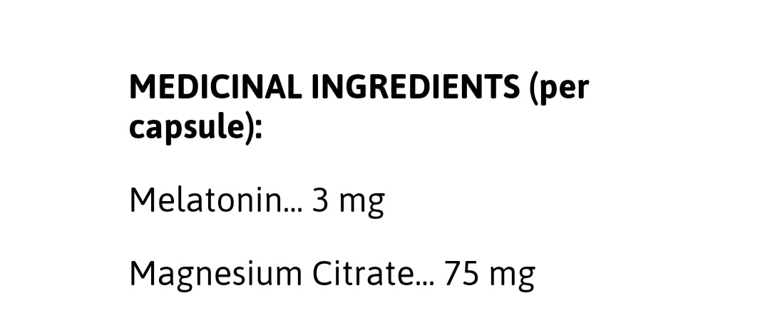 Close-up of a label listing medicinal ingredients per capsule: Melatonin 3 mg, Magnesium Citrate 75 mg