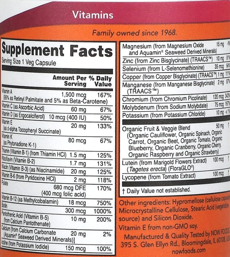Supplement facts label on a multi-vitamin bottle listing vitamins, minerals, and organic fruit and veggie blend