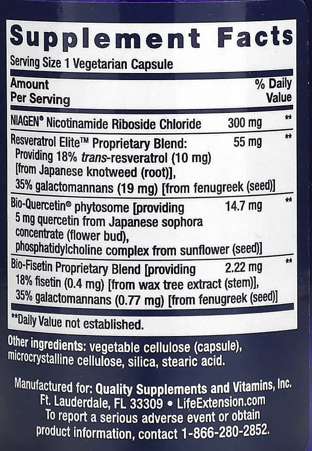 Supplement facts label showing Niagen nicotinamide riboside chloride 300mg and Resveratrol Elite proprietary blend 55mg