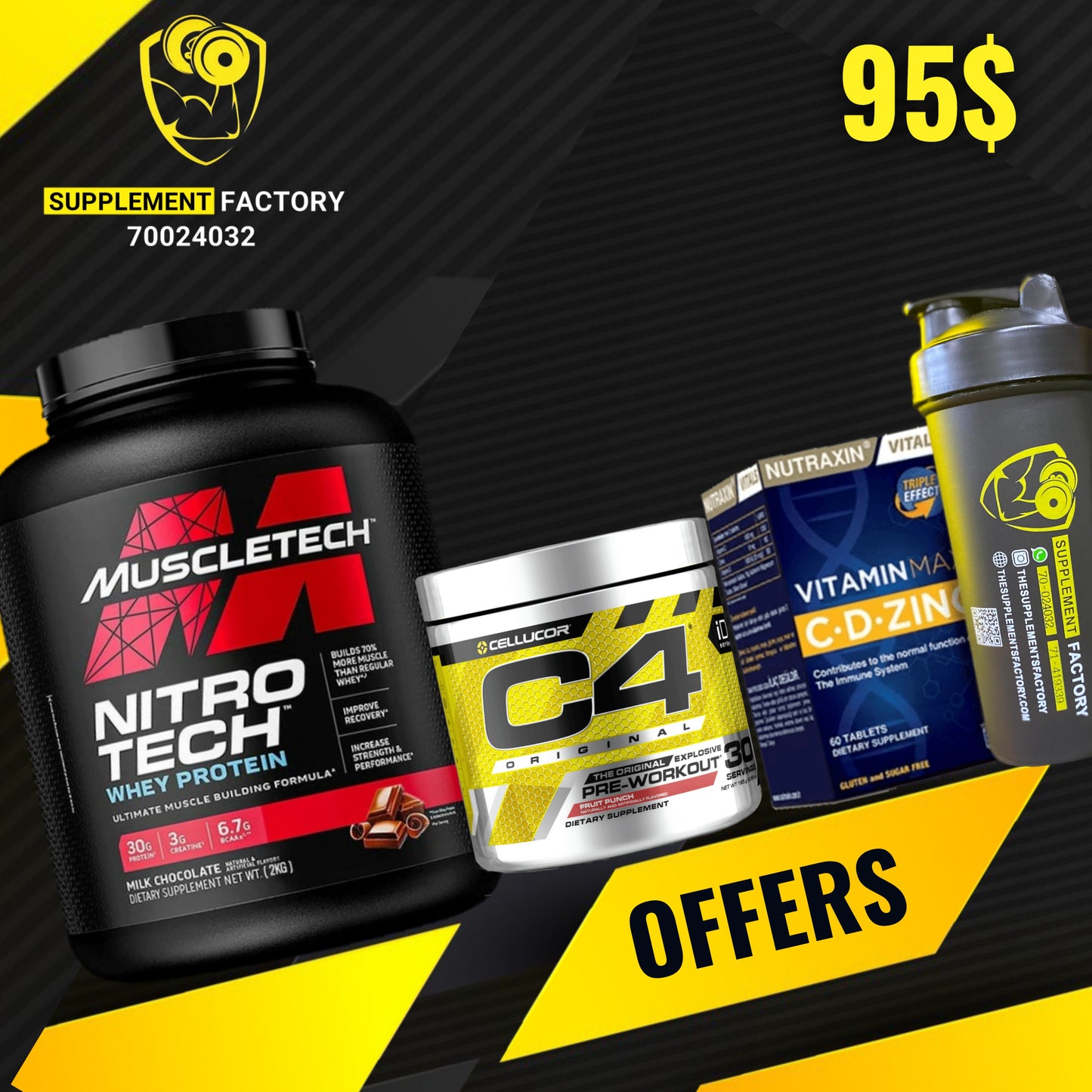 Nitrotech + pre workout + Vitamin CDZinc + Shaker - The Supplements Factory