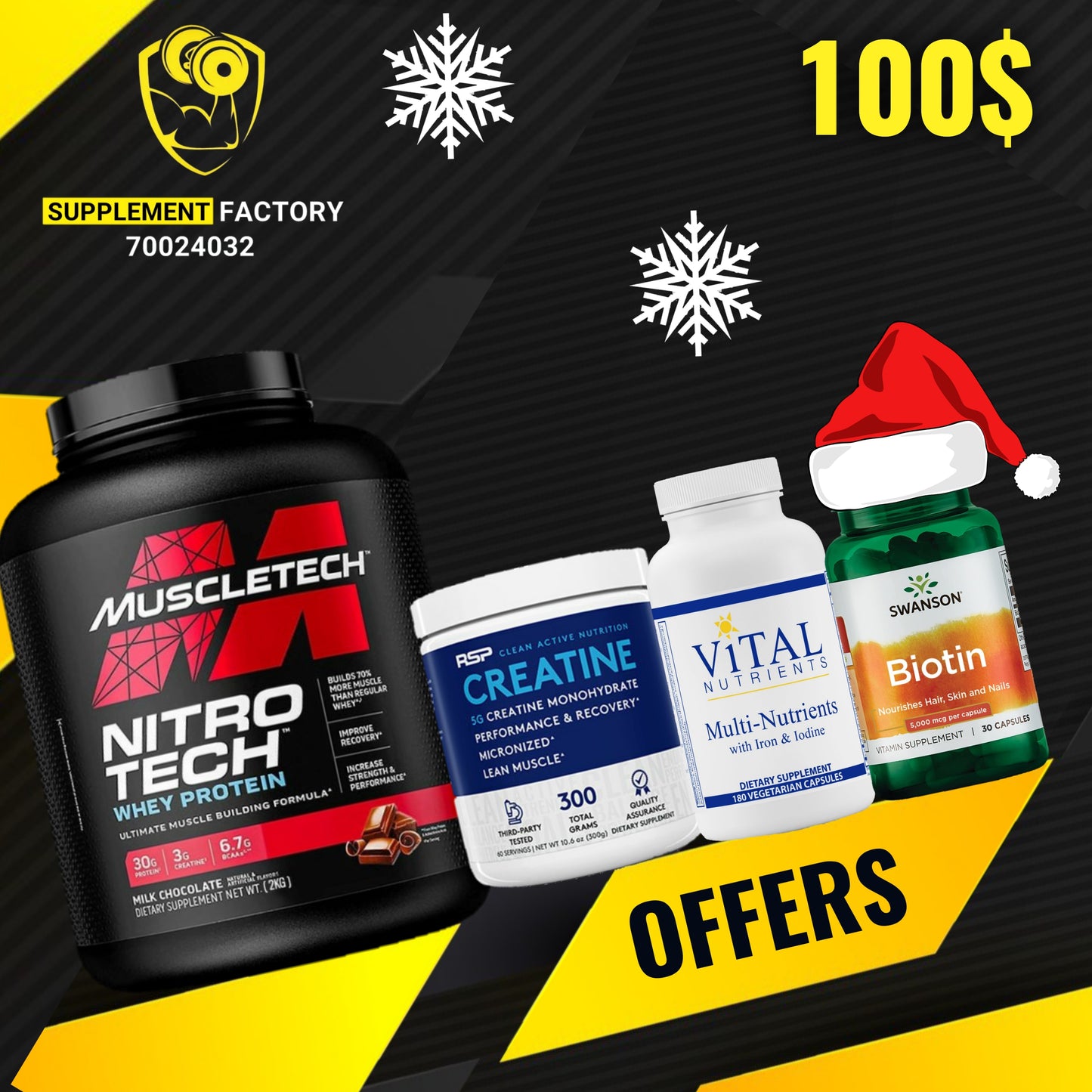 Nitrotech + Rsp Creatine + Fishoil + Biotin - The Supplements Factory