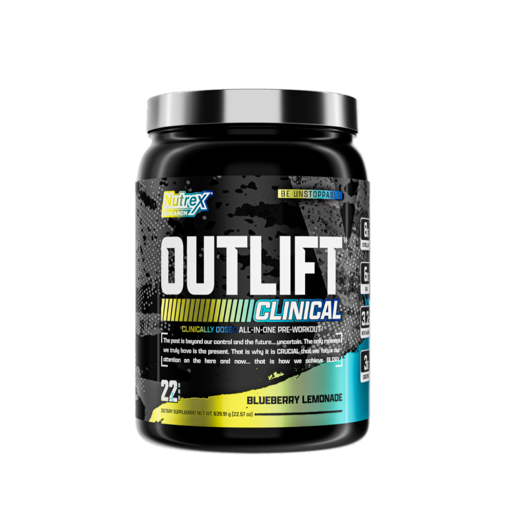Nutrex Outlift Clinical pre-workout supplement tub in blueberry lemonade flavor