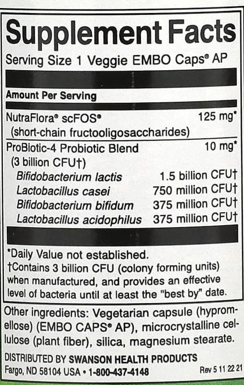 Supplement Facts label showing probiotic blend with Bifidobacterium and Lactobacillus strains in veggie capsule