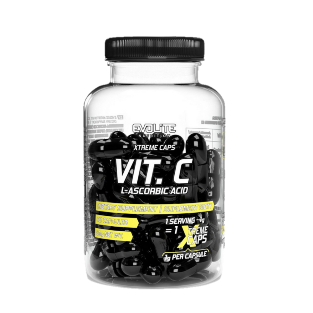 Evolite Nutrition Vitamin C dietary supplement bottle with black capsules, L-Ascorbic Acid