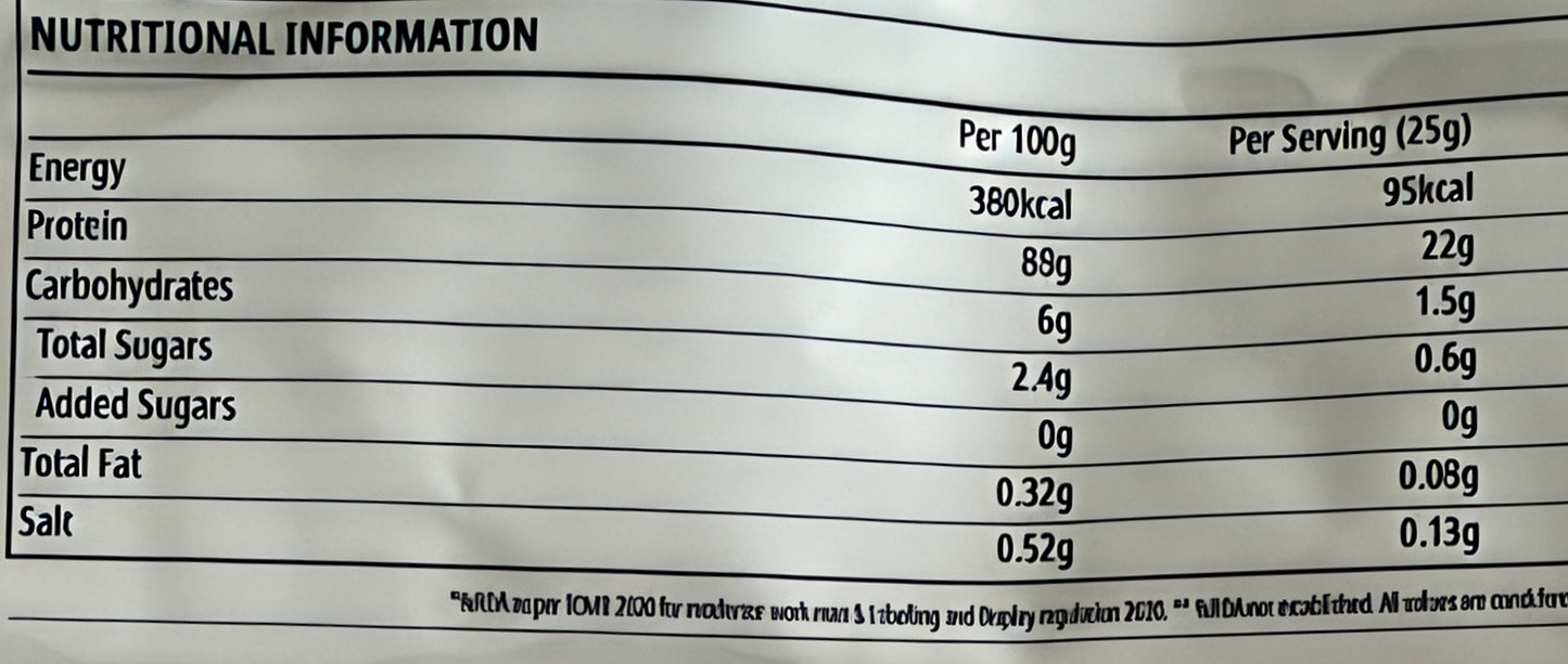 Nutritional information table showing energy, protein, carbs, sugars, fat, salt per 100g and 25g serving