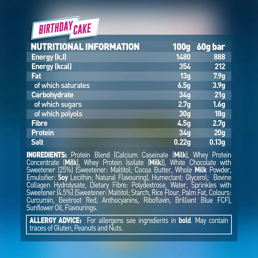 Birthday Cake protein bar nutritional information per 100g and 60g with ingredients and allergy advice