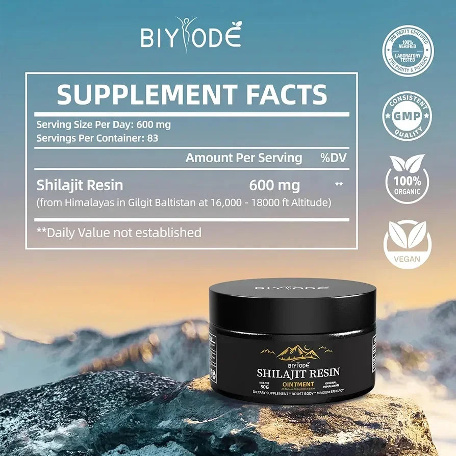 Biyode Shilajit Resin ointment jar on rock with Himalayan mountain background and supplement facts