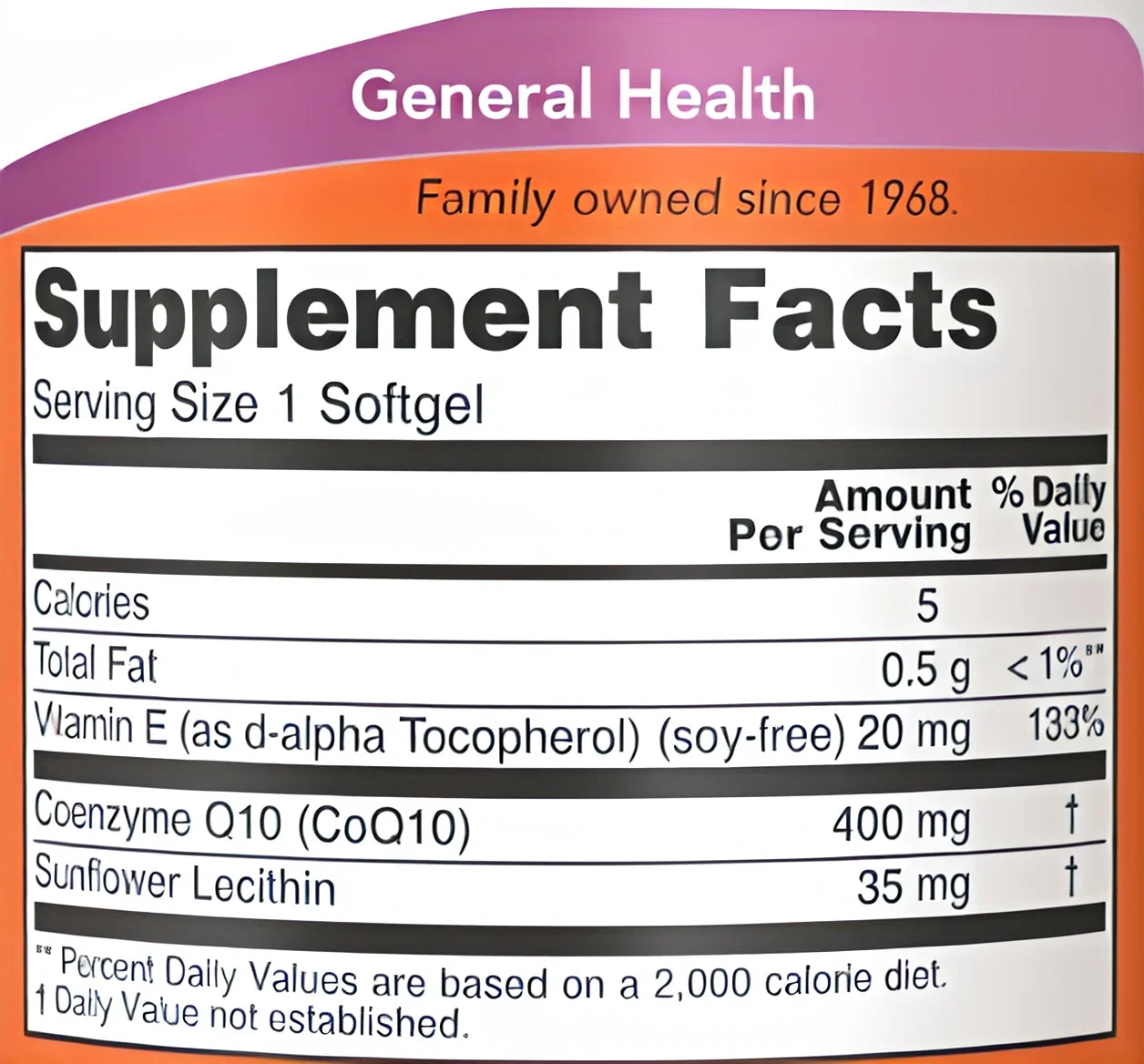 Supplement Facts label showing Vitamin E, CoQ10, sunflower lecithin softgel for general health
