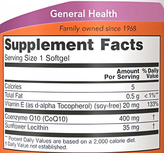 Supplement Facts label showing Vitamin E, CoQ10, sunflower lecithin softgel for general health