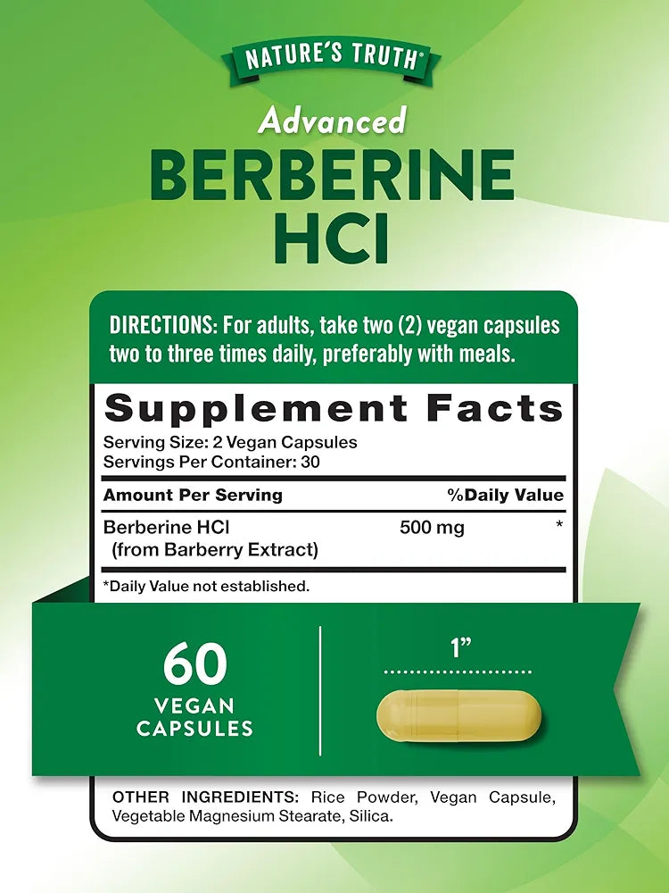 Nature's Truth Advanced Berberine HCl supplement label showing 60 vegan capsules and dosage directions