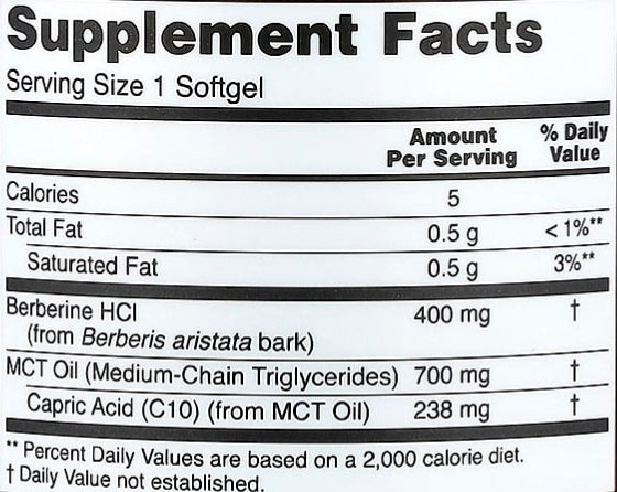 Supplement facts label showing serving size 1 softgel with Berberine HCl 400 mg, MCT oil 700 mg, and capric acid 238 mg