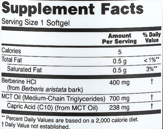Supplement facts label showing serving size 1 softgel with Berberine HCl 400 mg, MCT oil 700 mg, and capric acid 238 mg