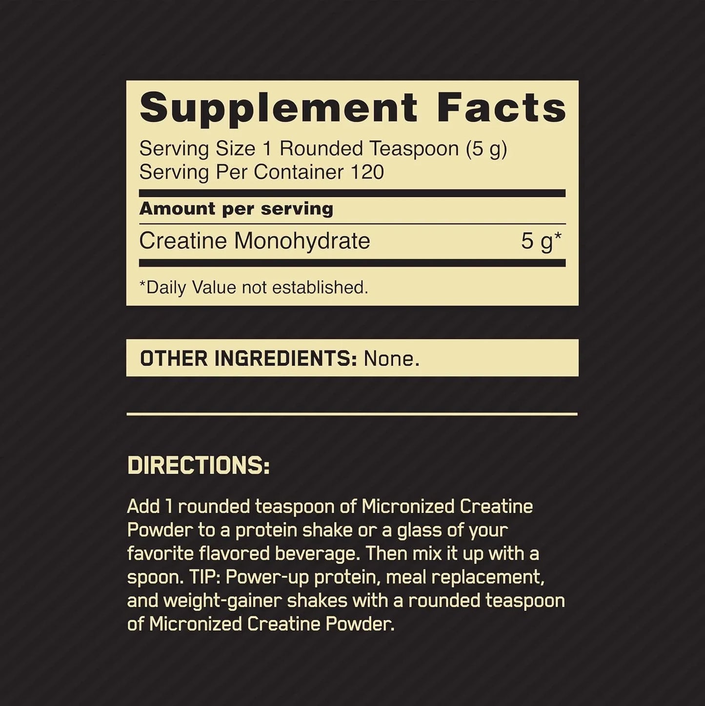 Supplement facts label showing 5g Creatine Monohydrate per serving with directions to add to shakes
