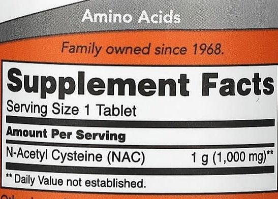 Supplement facts label showing amino acids with N-Acetyl Cysteine (NAC) 1 gram per tablet, family owned since 1968
