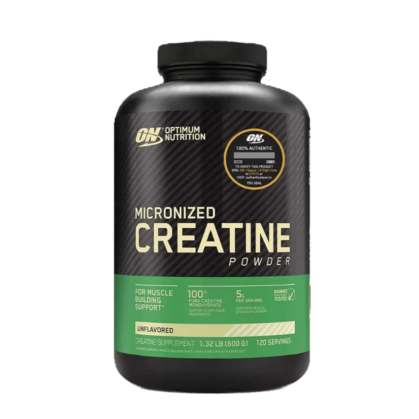 Optimum Nutrition Micronized Creatine Powder unflavored supplement for muscle building support, 600g, 120 servings