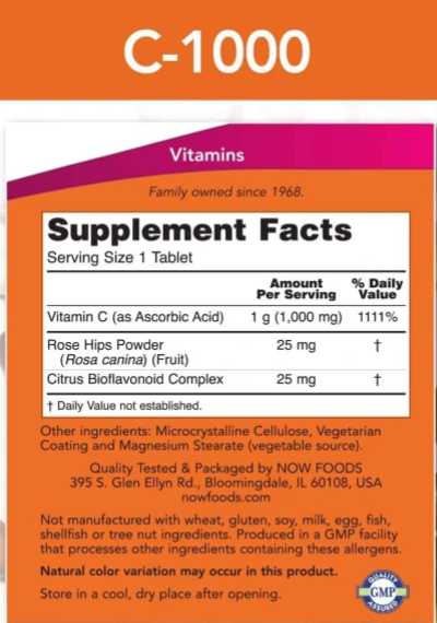 NOW Foods C-1000 vitamin C supplement label with supplement facts, for immune support