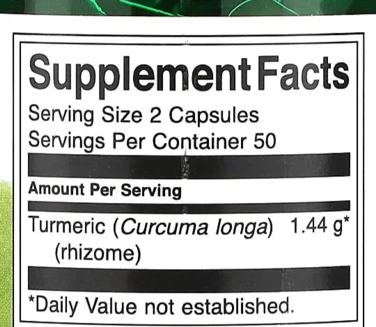 Supplement facts label showing turmeric (Curcuma longa) rhizome 1.44g per serving of 2 capsules