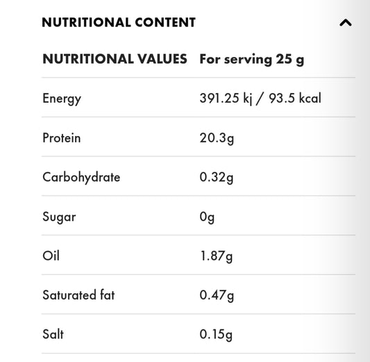 Nutritional content panel showing protein 20.3g, energy 93.5 kcal, carbs 0.32g, sugar 0g per 25g serving