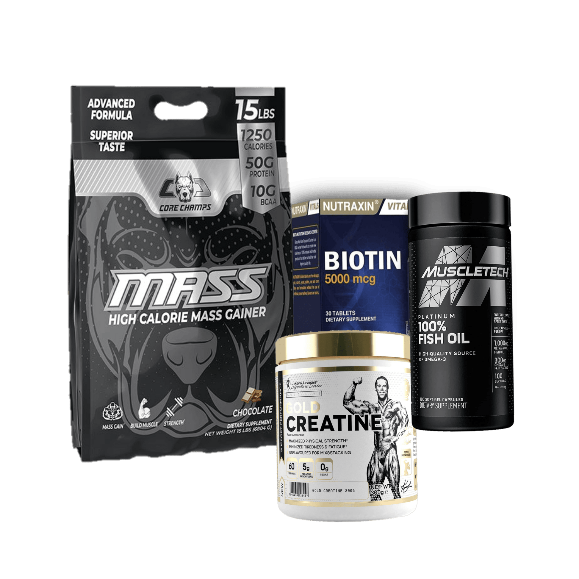 Gainer Core Champs / Gold Creatine / Fishoil Muscletech / Biotin - The Supplements Factory