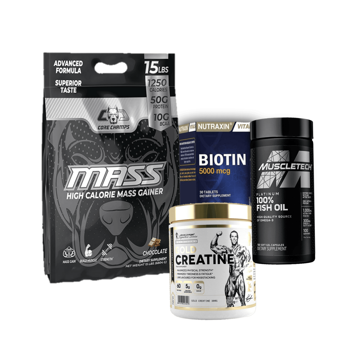 Gainer Core Champs / Gold Creatine / Fishoil Muscletech / Biotin - The Supplements Factory