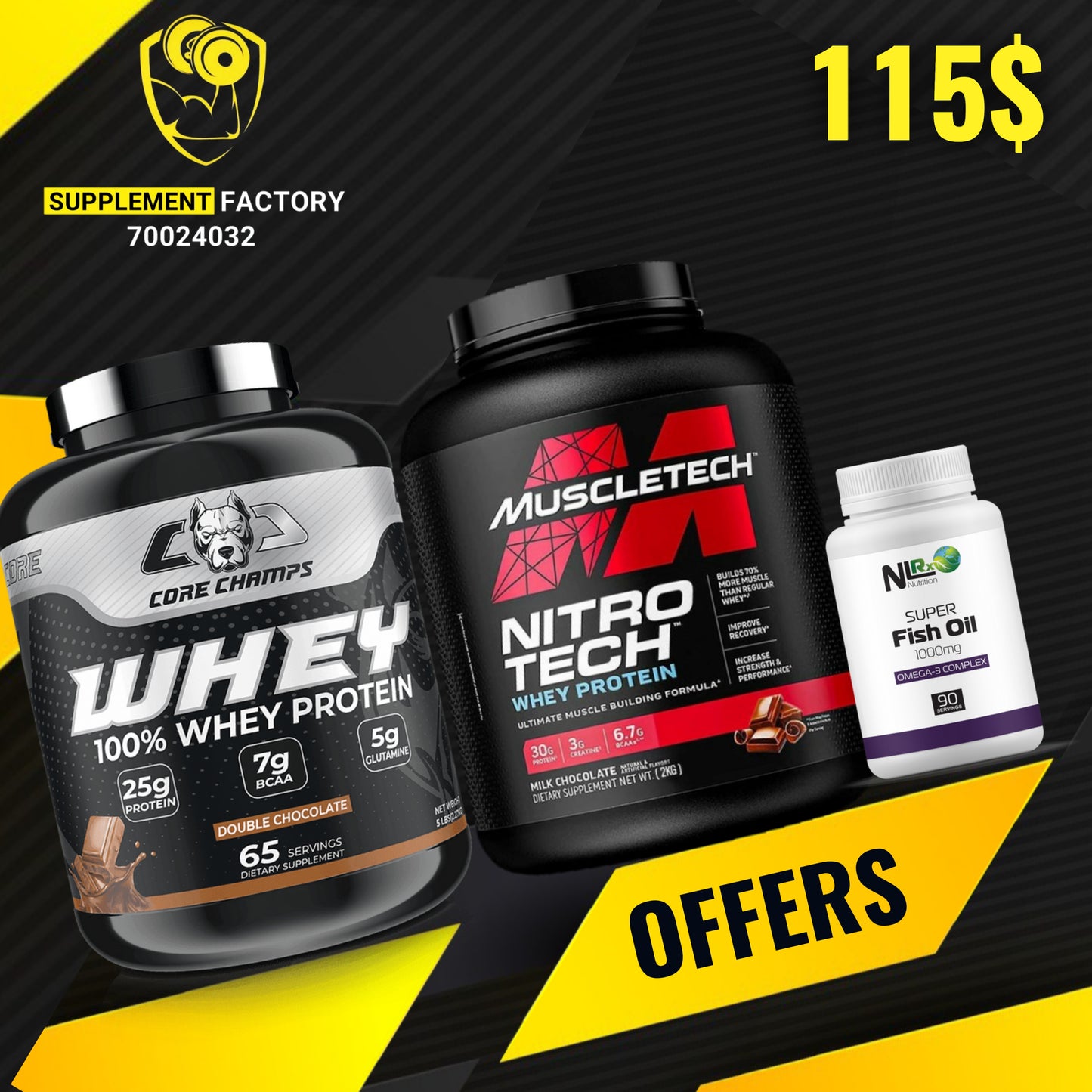 Core Champs whey + Nitrotech Whey + Fishoil