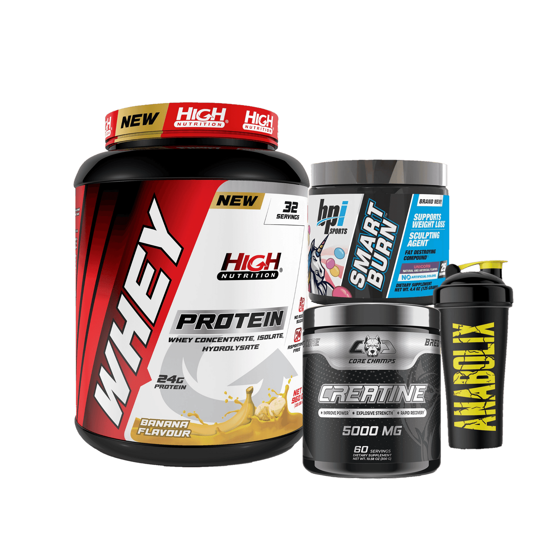 High Whey + Creatine Core + Smart Burn + Shaker - The Supplements Factory
