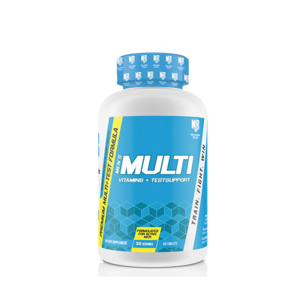Bottle of Muscle Ruiz Men's Multi vitamins and test support dietary supplement with blue label