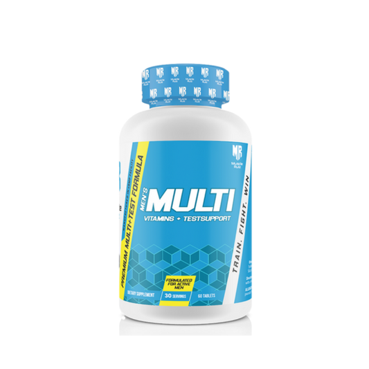 Bottle of Muscle Ruiz Men's Multi vitamins and test support dietary supplement with blue label