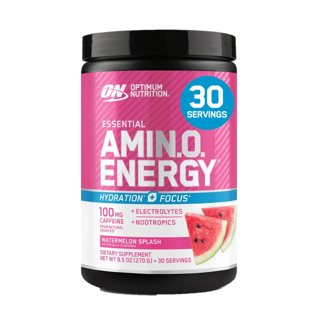 Optimum Nutrition Essential Amino Energy supplement with 30 servings, watermelon flavor, hydration and focus support