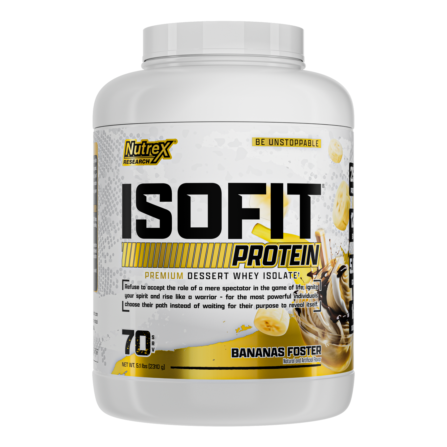 Nutrex Research ISOFIT Protein Bananas Foster whey isolate supplement container with banana and cream design