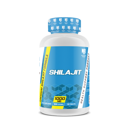 Muscle Ruiz Shilajit 1000mg dietary supplement bottle with 100 tablets and health support label