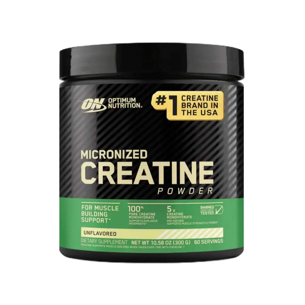 Optimum Nutrition Micronized Creatine Powder black jar with green label, muscle building supplement, 300g, unflavored