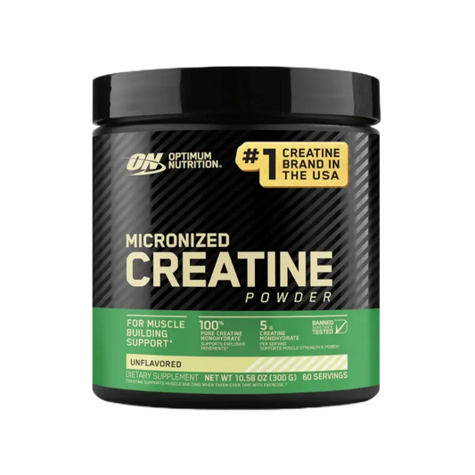Optimum Nutrition Micronized Creatine Powder black jar with green label, muscle building supplement, 300g, unflavored