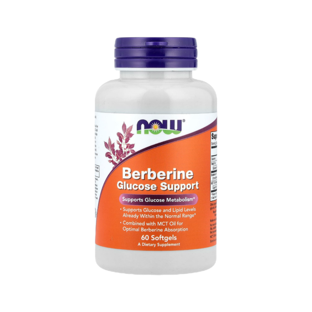 NOW Berberine Glucose Support supplement bottle with 60 softgels for glucose metabolism