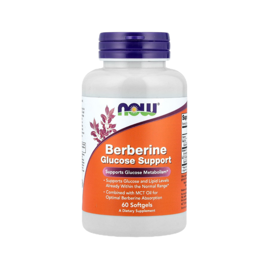 NOW Berberine Glucose Support supplement bottle with 60 softgels for glucose metabolism