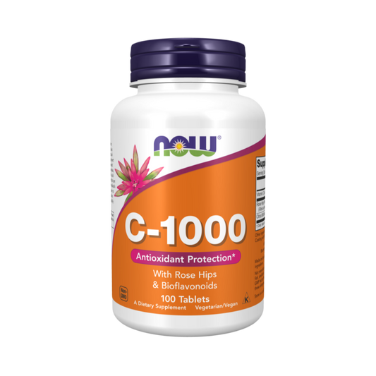 NOW C-1000 vitamin supplement bottle with rose hips, 100 tablets, at The Supplements Factory Lebanon