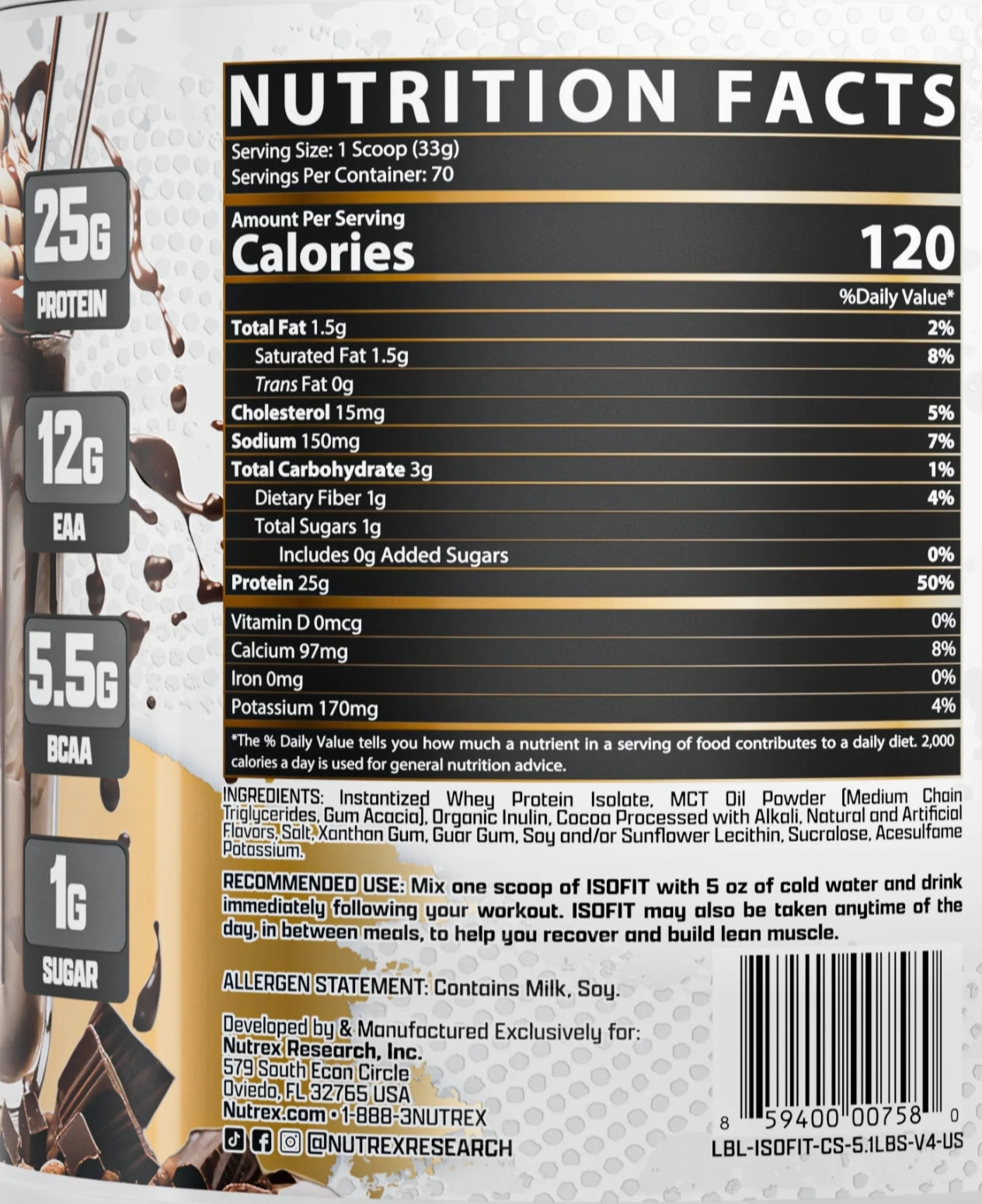 Nutrition facts panel of protein supplement with 25g protein, 120 calories per scoop